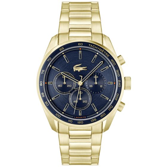 Lacoste Boston Gents. Yellow Gold IP Steel Case & Bracelet. Navy Aluminum bezel. Navy Dial
