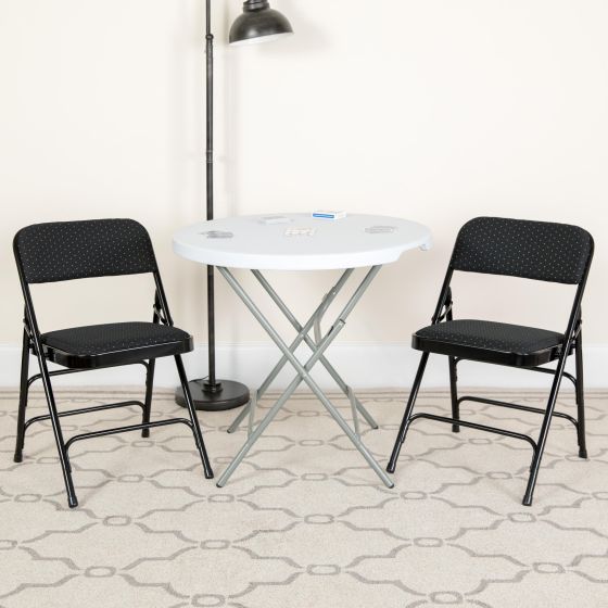 2 Pack Curved Triple Braced Black Patterned Fabric Metal Folding Chair