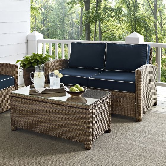 Bradenton 2 Piece Outdoor Wicker Seating Set with Navy Cushions - Loveseat & Glass Top Table
