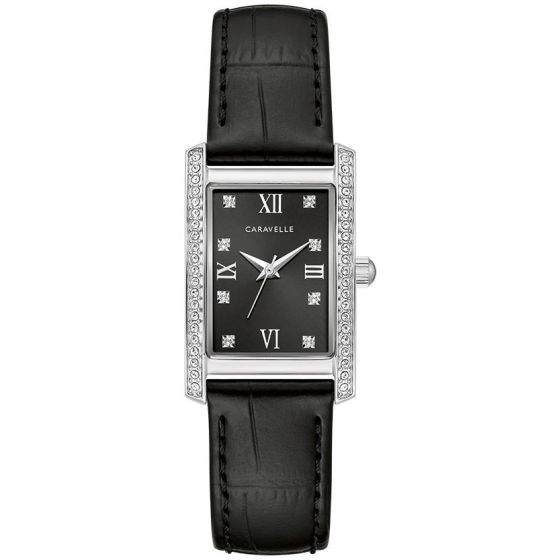 Caravelle Ladies Crystal Leather Strap watch, Black dial