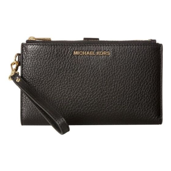 Adele Double Zip Leather Wristlet - Black