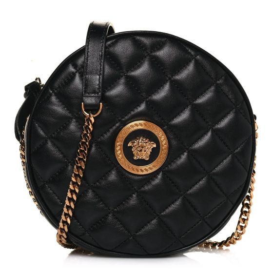 Versace La Medusa Quilted Black Leather Shoulder Bag Gold Medusa Logo