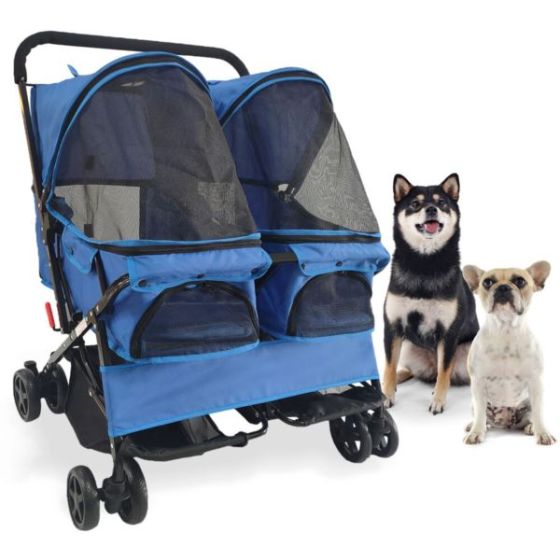 Double Pet Stoller for 2 Pets 44 Lbs. and Under with 2 Storage Baskets, Blue