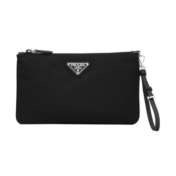 Prada Tessuto Nylon Black Triangle Logo Wristlet Clutch Pouch Bag