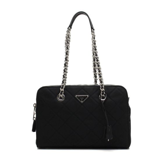 Prada Black Quilted Tessuto Nylon Shoulder Bag Chain Handles Lock and Key