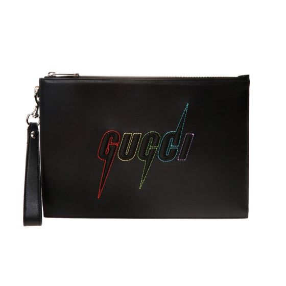 Gucci Blade Embroidered Black Leather Pouch Wristlet Clutch Bag