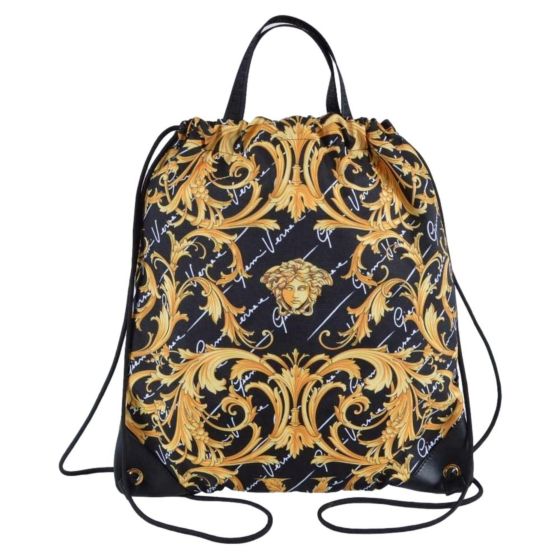 Versace Barocco Print Drawstring Backpack Black Nylon La Medusa Logo