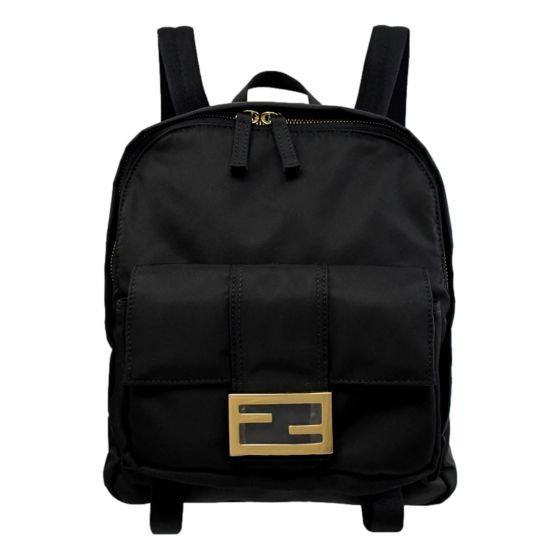 Fendi Baguette Black Nylon Small Backpack Travel Bag Gold Logo