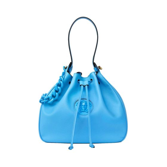 Versace La Medusa Blue Textured Leather Bucket Bag Gold Hardware Chain Strap