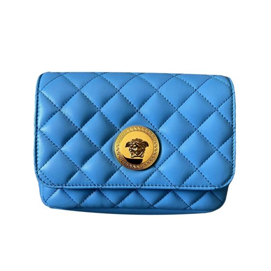 Versace Medusa Nappa Quilted Blue Leather Chain Crossbody