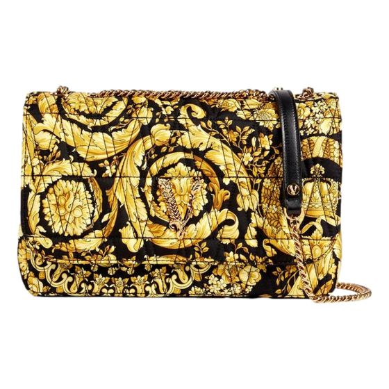 Versace Virtus Barocco Print Quilted Silk Shoulder Bag Black Gold