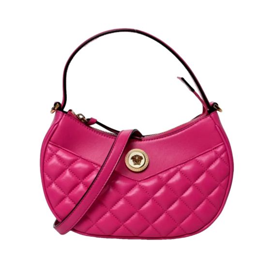 Versace La Medusa Pink Quilted Leather Half Moon Bag Gold Chain Crossbody