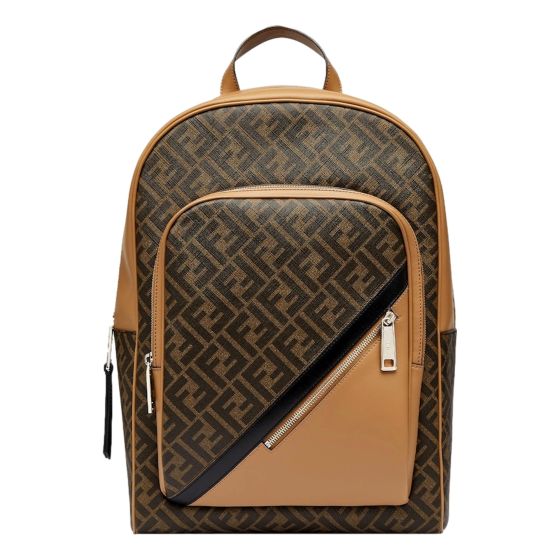 Fendi Diagonal FF Logo Backpack Black Canvas Leather Trim