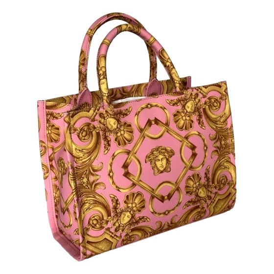 Versace Signature Print Small Canvas Tote Bag Pastel Pink Designer Handbag