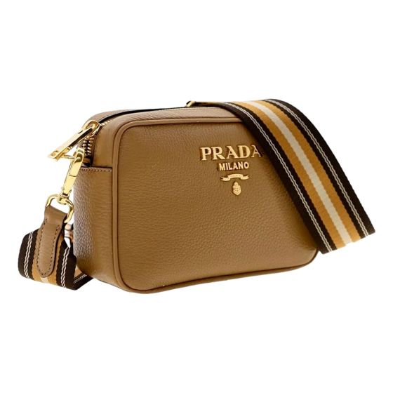 Prada Tan Caramel Pebbled Leather Crossbody Bag Web Stripe Strap Gold Hardware