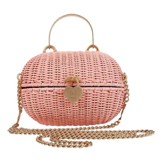 Chanel Pink Wicker Straw Heart Closure Two-Way Handle Crossbody Bag