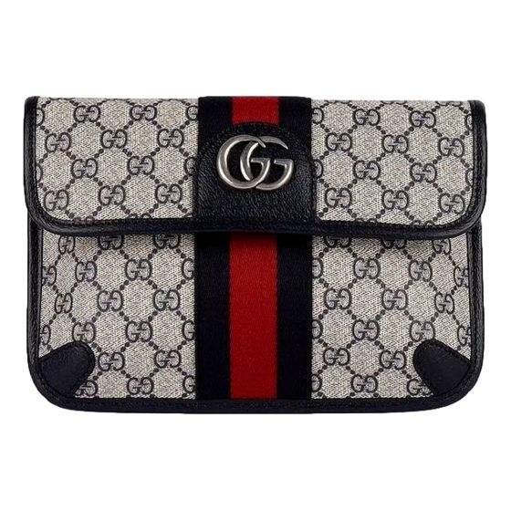 Gucci Ophidia Flap Belt Bag GG Beige Coated Canvas Navy and Red
