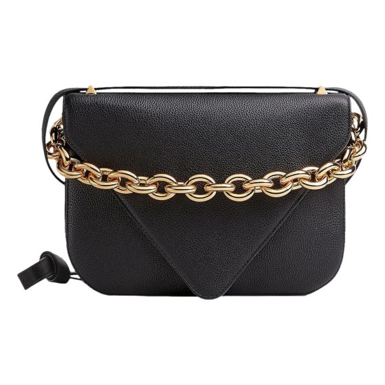 Bottega Veneta Mount Medium Envelope Black Leather Shoulder Bag Gold Chain