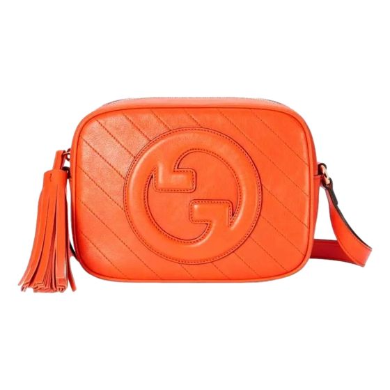 Gucci Blondie GG Patch Orange Leather Camera Crossbody Bag Diagonal Stitching
