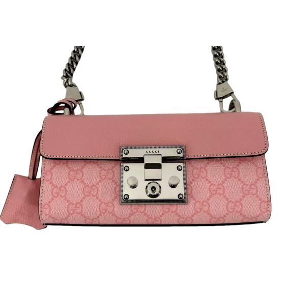 Gucci Pink GG Supreme Leather Padlock Chain Small Handbag Pink