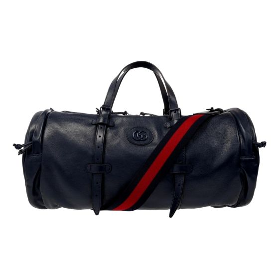 Gucci GG Logo Deep Blue Buffalo Leather Duffle Tote with Strap