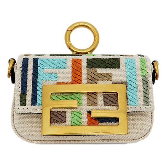 Fendi Canvas FF Embroidery Nano Baguette Charm Beige Multicolor