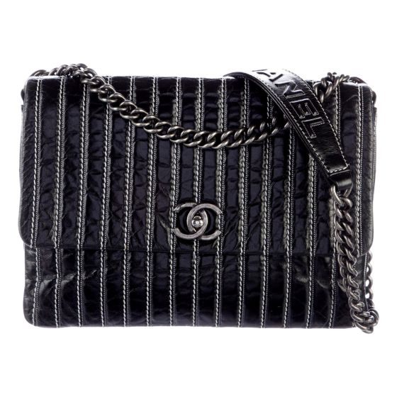 Chanel Black Vertical Stitch Flap Bag CC Logo Silver Chain Shoulder Bag