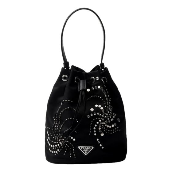 Prada Re-Nylon Mini Drawstring Bucket Bag Black Beaded Embroidered