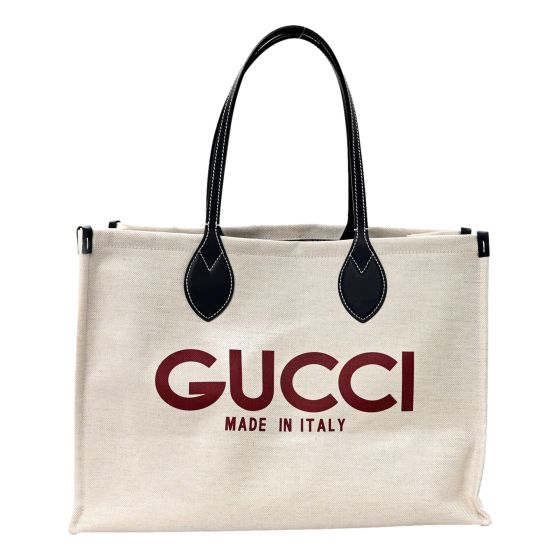 Gucci Supreme Canvas Beige Calfskin Logo Print Large Tote Bag Navy Multicolor