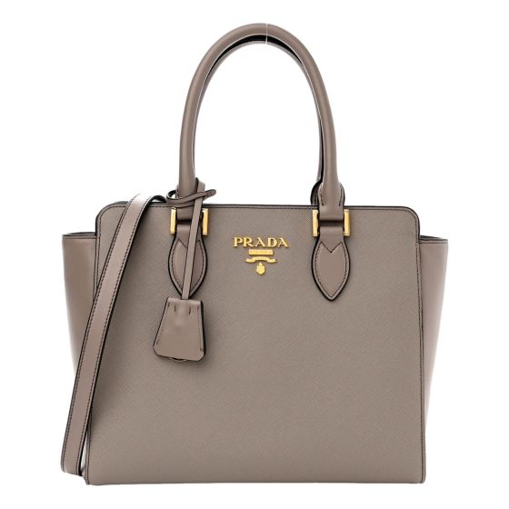 Prada Saffiano and Soft Calfskin Double Zipper Argilla Gray Tote Shoulder Bag