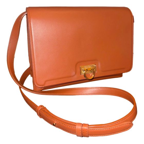 Ferragamo Trifolio Cognac Brown Soft Leather Flap Crossbody Bag Gold Gancini
