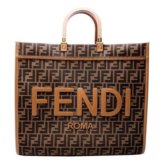 Fendi Sunshine Large Zucca Jacquard Canvas and Brown Leather Top Handle Tote Bag