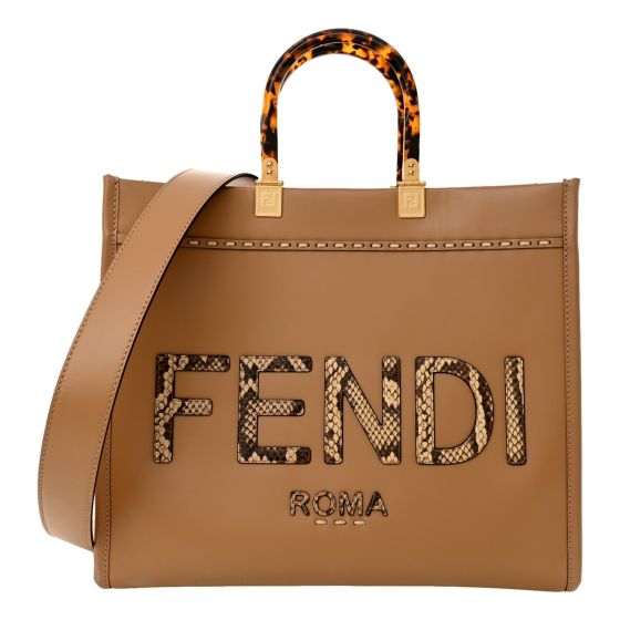 Fendi Sunshine Tan Leather Snake Print Logo Large Tote