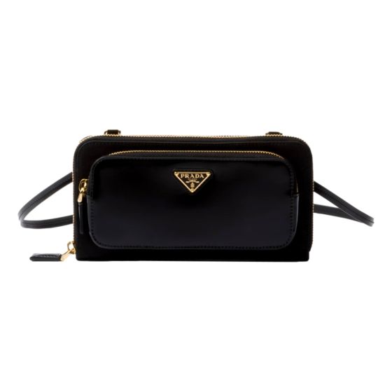 Prada Re-Nylon Triangle Brushed Leather Black Wallet Mini Crossbody Bag