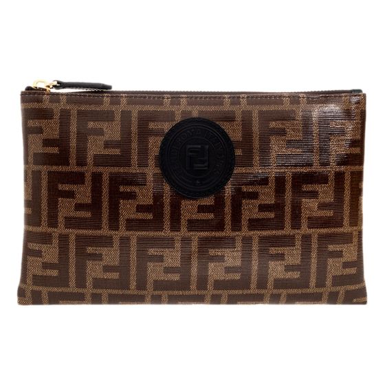 Fendi FF Zucca Brown Coated Canvas Flat Zipper Pouch Clutch