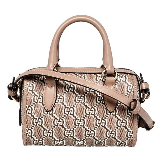 Gucci GG Shadow Monogram Canvas Leather Mini Bowler Bag Beige Black