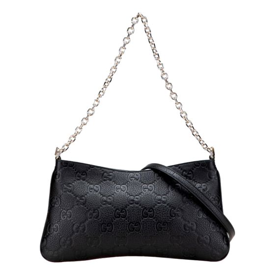 Gucci GG Emblem Black Leather Shoulder Bag Chain Strap