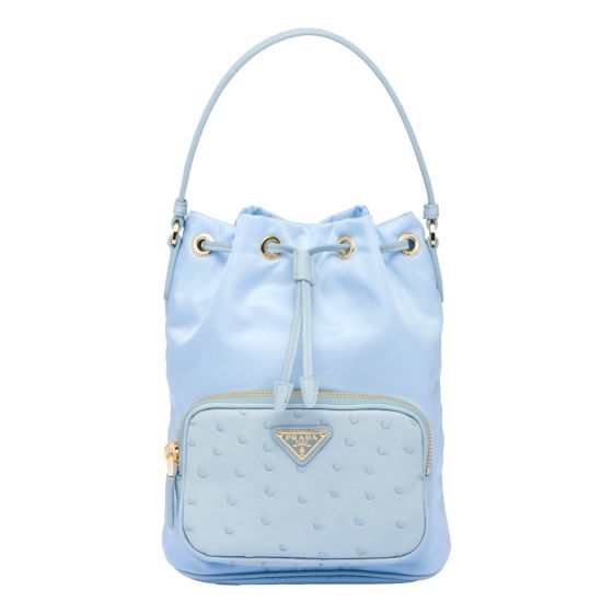 Prada Duet Tessuto Nylon Ostrich Leather Cielo Blue Bucket Bag