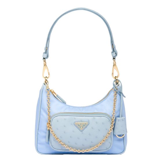 Prada 2Way Tessuto Nylon and Ostrich Leather Shoulder Handbag in Cielo Blue