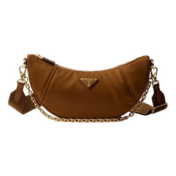 Prada Demi Lune Re-Nylon Crescent Shoulder Bag in Brown