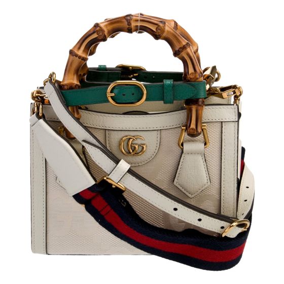 Gucci Diana Mini Bamboo Top Handle Jumbo GG Canvas Cream Leather Handbag