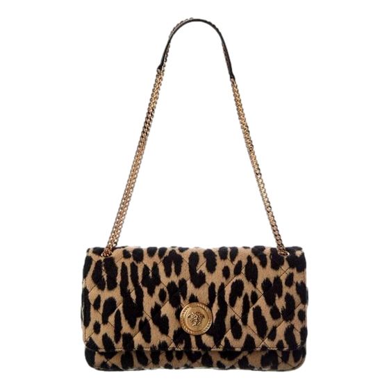 Versace Leopard Print Wool Leather Shoulder Bag Gold Medallion Chain Strap