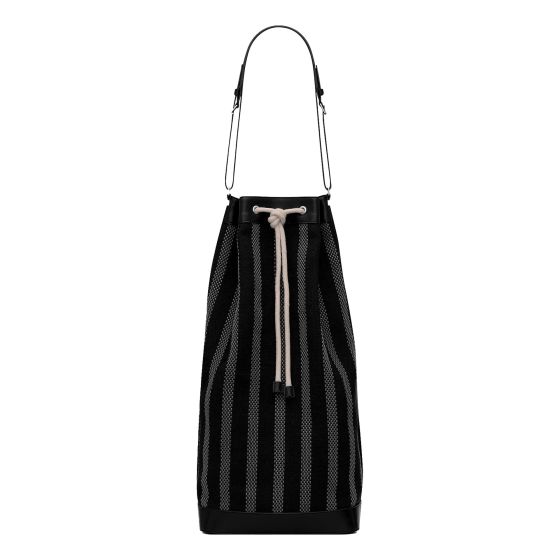 Saint Laurent Canvas Leather Trim Oversized Drawstring Bucket Bag Black