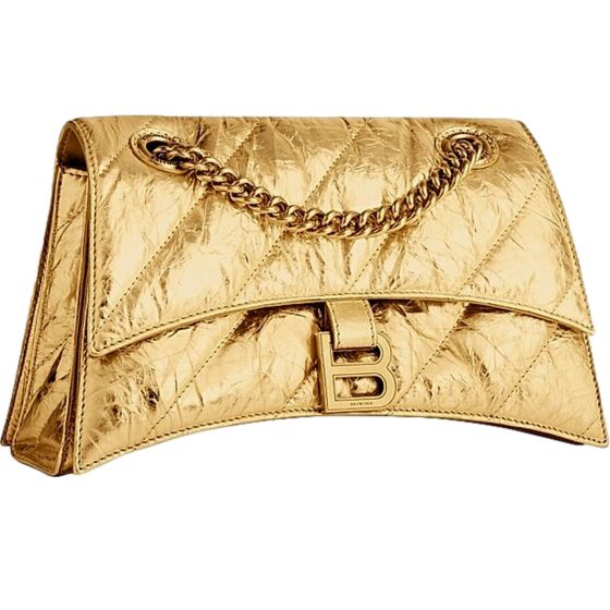 Balenciaga Crush Quilted Metallic Gold Leather Mini Crossbody Chain Bag Gold Hardware