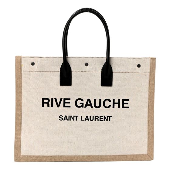 Saint Laurent Rive Gauche Large Tote in Natural Beige Canvas with Black Top Handles