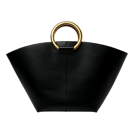 Saint Laurent Maxi Ring Handle Tote in Black Smooth Leather with Gold-Tone Ring Hardware Large