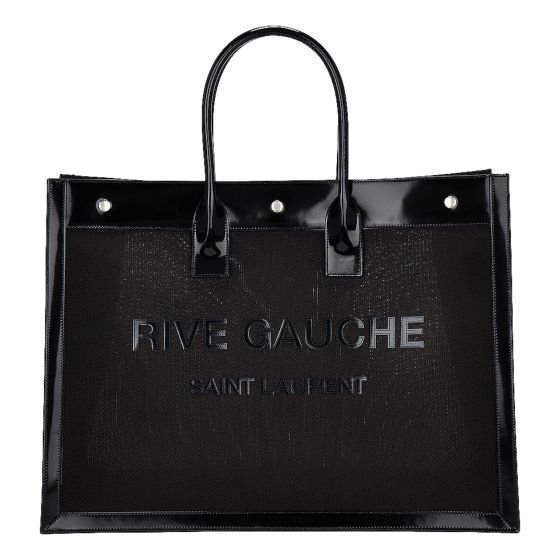 Saint Laurent Rive Gauche Large Tote Bag Black Nylon Leather Trim Silver Hardware