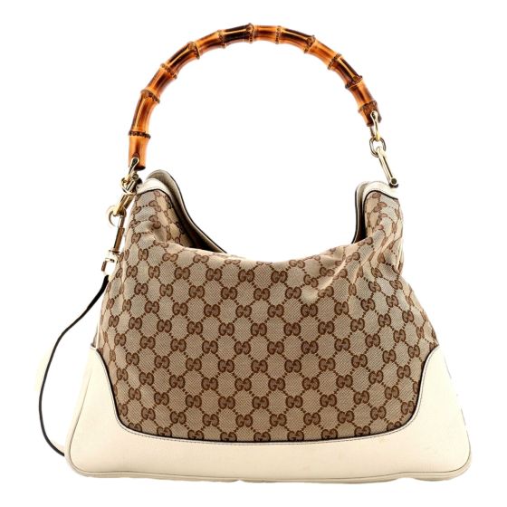 Gucci Diana Bamboo GG Canvas Medium Shoulder Bag White Leather