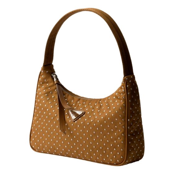 Prada Re-Edition Studded Nylon Mini Shoulder Bag in Brown with Silver Hardware