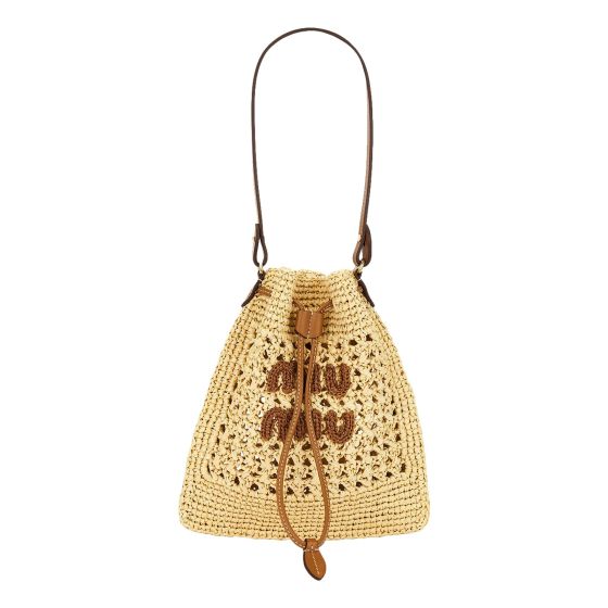 Miu Miu Woven Raffia Mini Bucket Bag in Beige and Brown